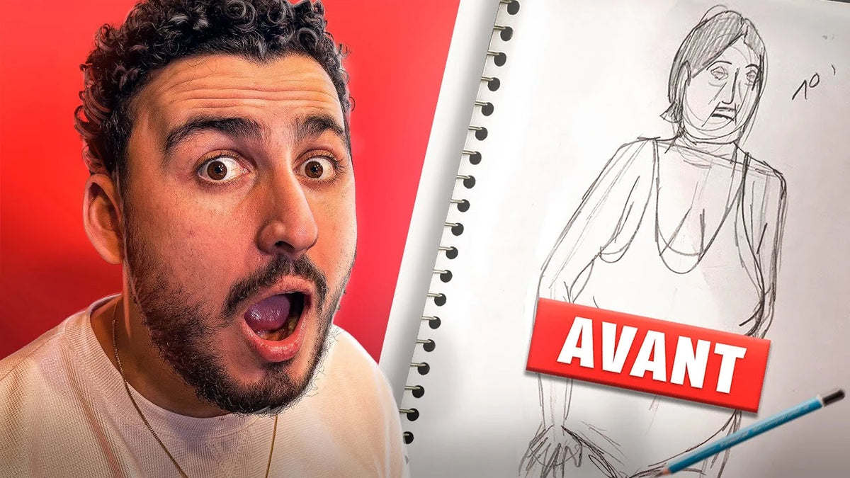 Baggy, surpris, à côté d'un de ses premiers croquis d'école d'art marqué AVANT